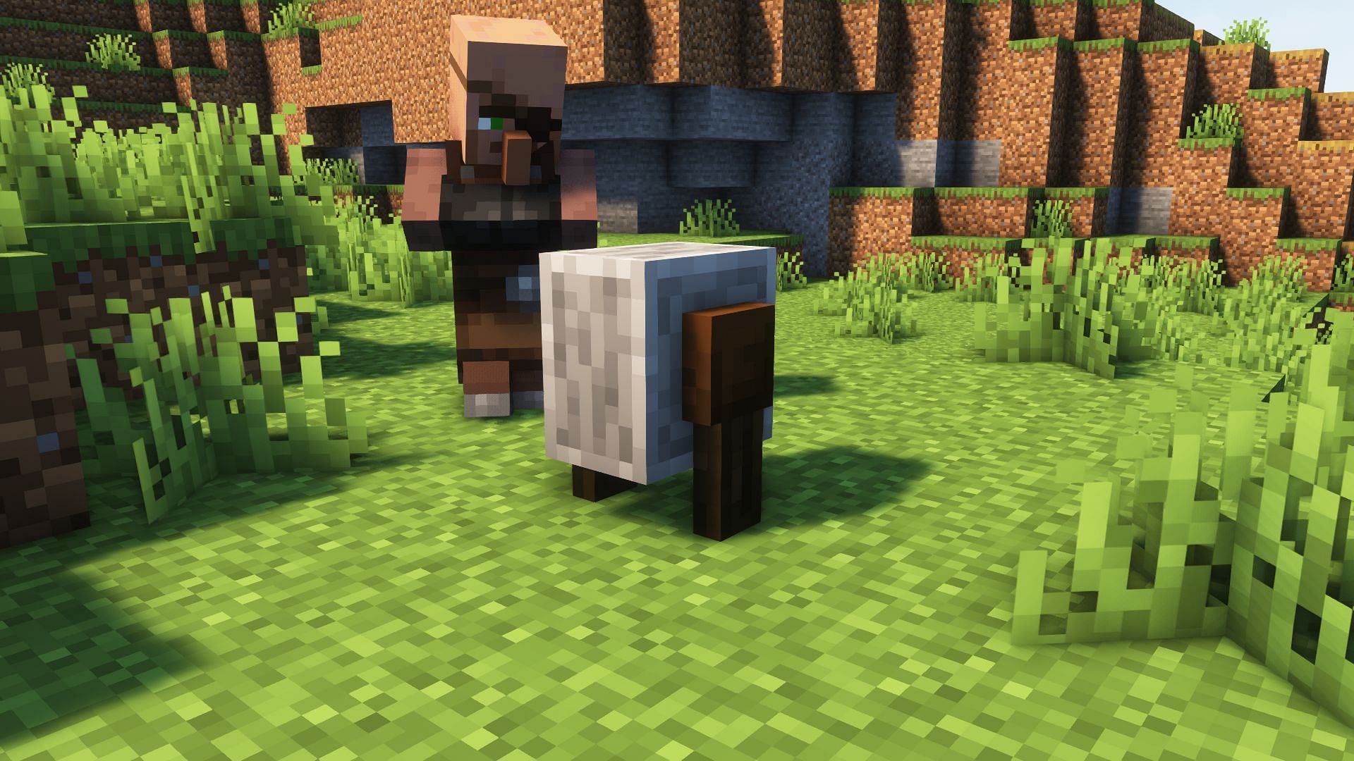 A weaponsmith standing next to its grindstone (Image via Mojang)