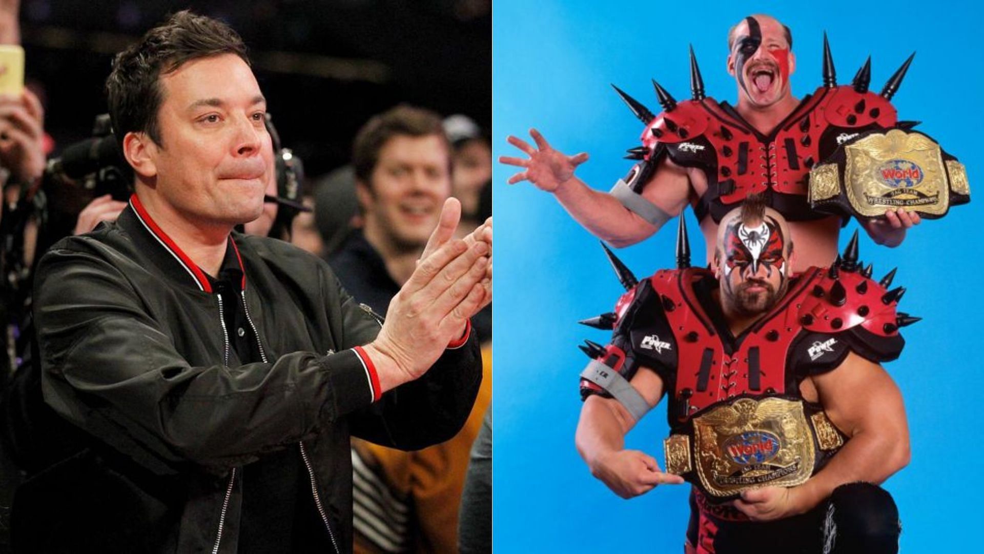 Jimmy Fallon (left); The Road Warriors (right)