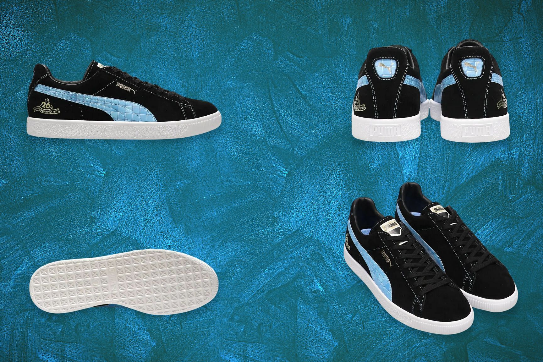Here&#039;s a detailed look at the newly launched Atmos x Puma Suede x Kawasaki Frontale sneakers (Image via Sportskeeda)