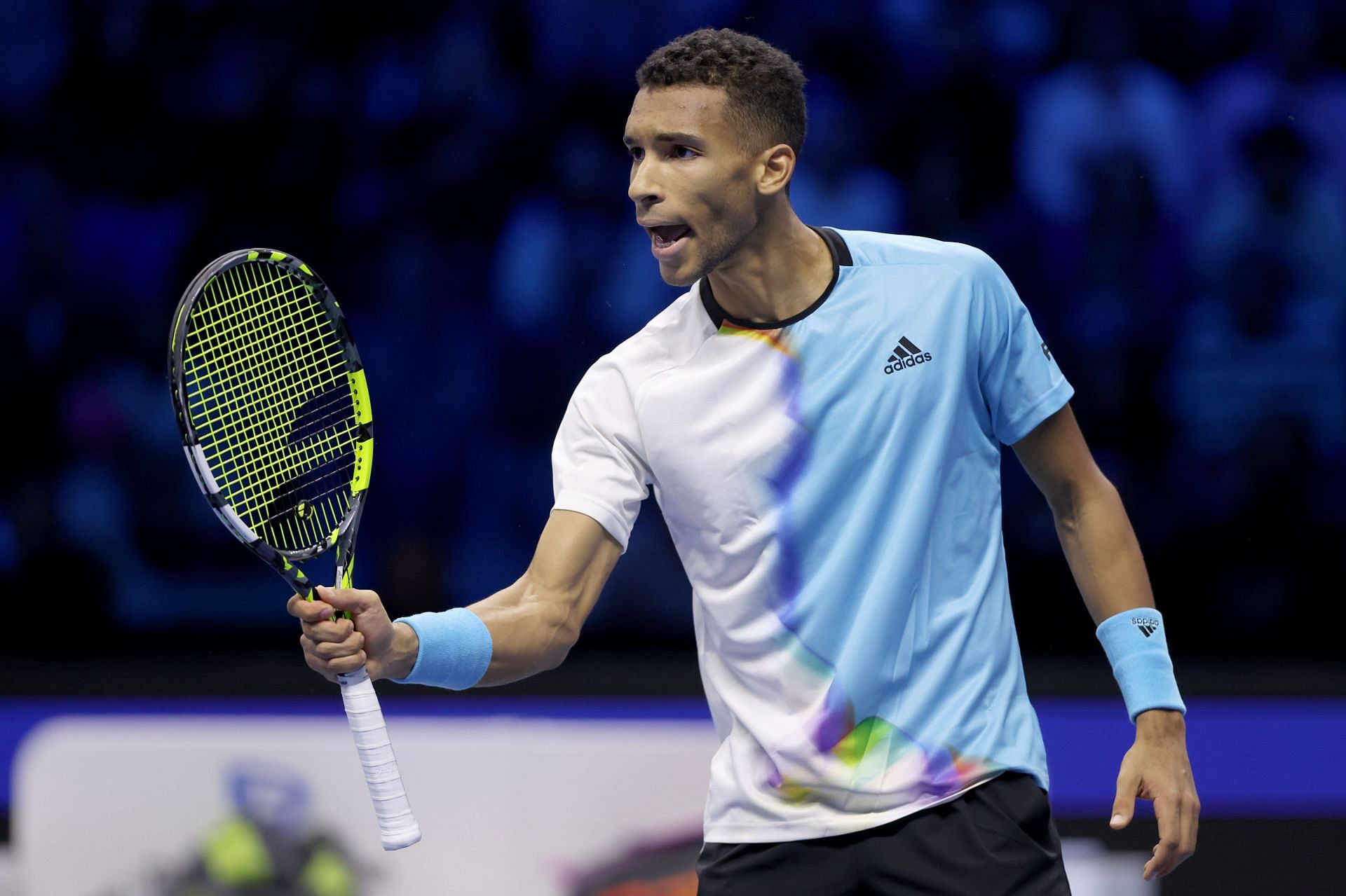 Felix Auger-Aliassime in action at 2022 Nitto ATP Finals in Turin.
