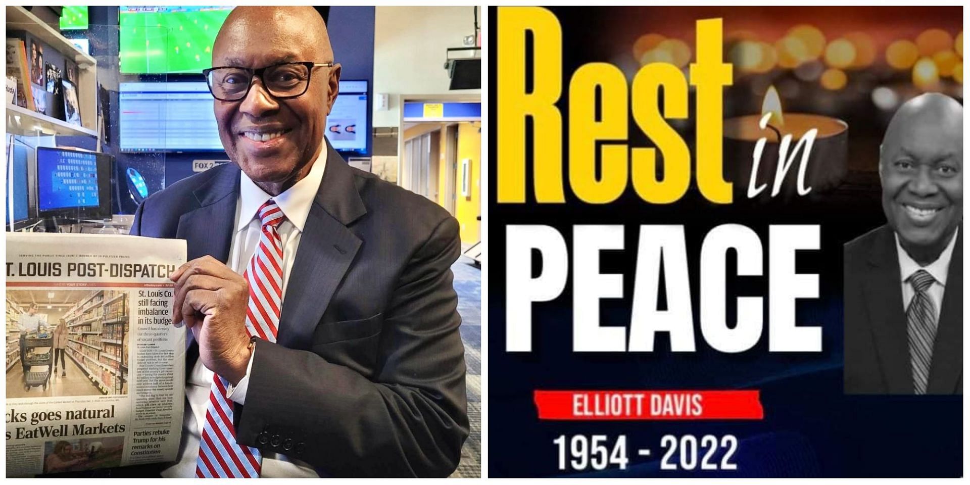 Facebook page claims Elliott Davis has passed away; FOX 2 claims journalist is alive and well. Truth about the news debunked. (Image via Facebook and FOX 2)