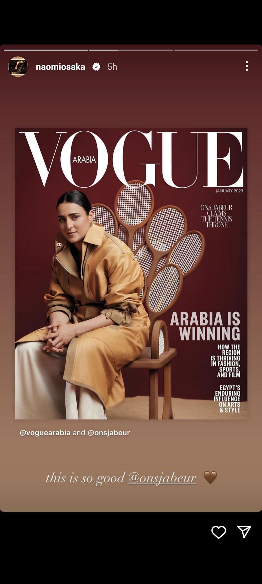Naomi Osaka applauds Ons Jabeur featuring on the Vogue Arabia cover