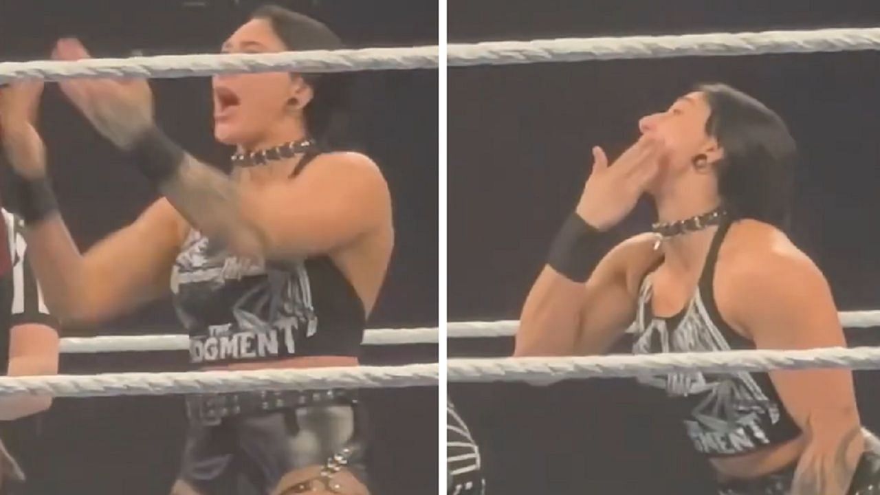 Rhea Ripley trying to provoke her rival during a match