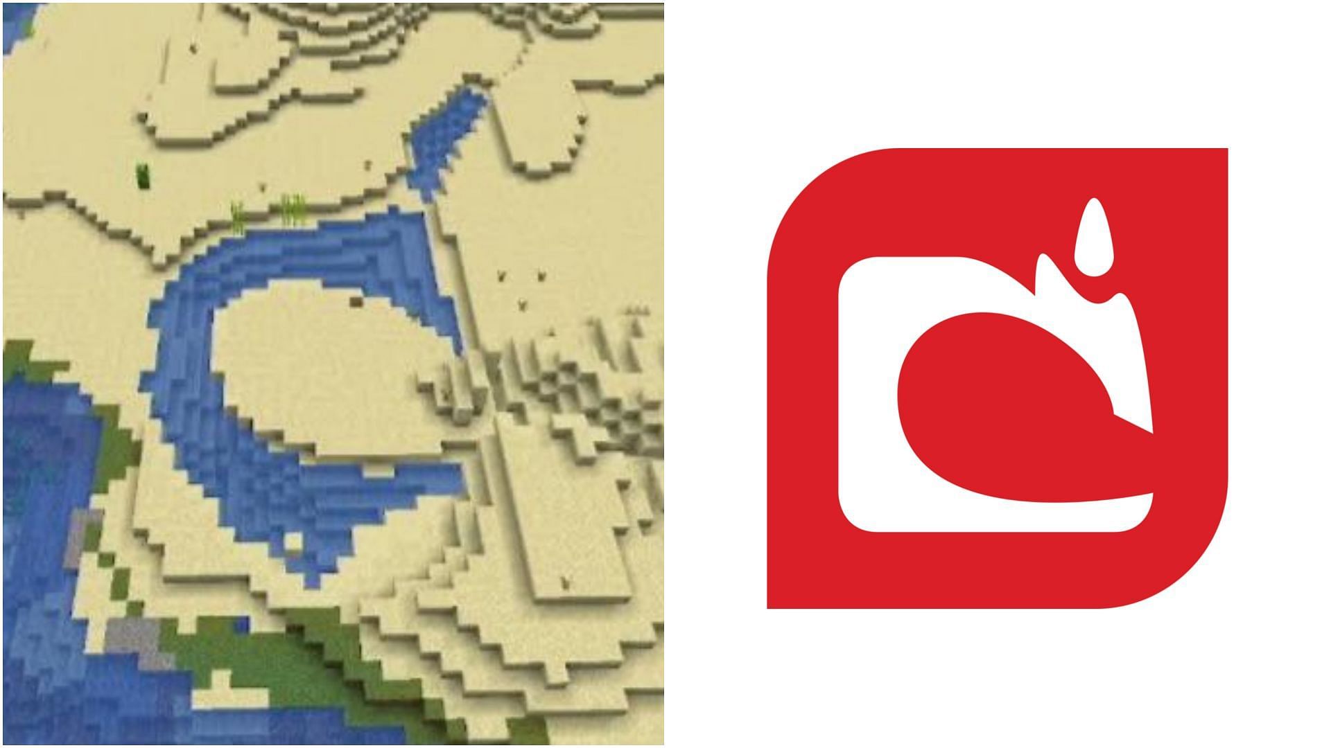The small water body in the seed found by Minecraft Redditor looks quite similar to the old Mojang logo (Image via Sportskeeda)