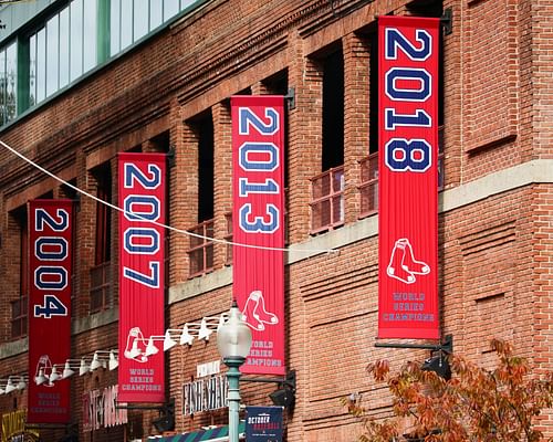 The Boston Red Sox 2018 World Series Championship banner hangs outside Fenway Park