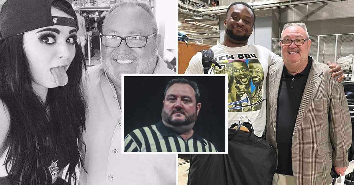 Former WWE referee Tim White with Paige and Big E.