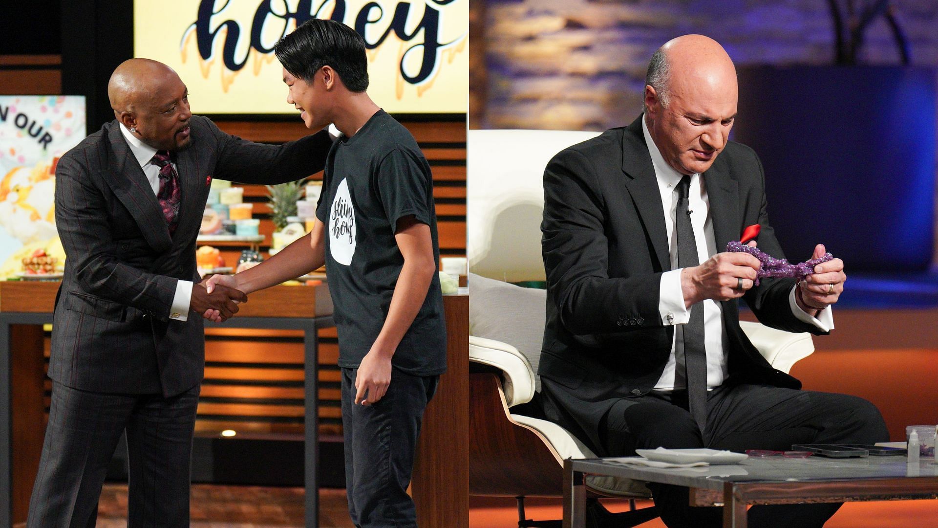 Daymond John shaking Sliimey Honey founder Mark Lin&rsquo;s hand, while Kevin O&rsquo;Leary plays with slime