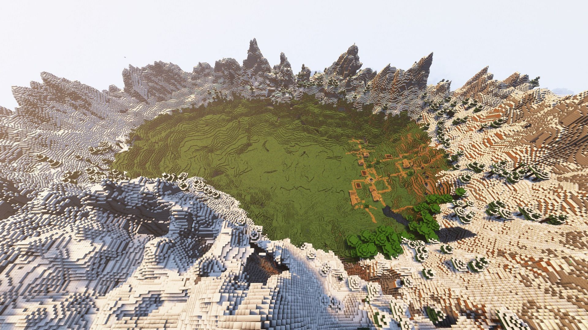 A plains biome surrounded by tall mountains (Image via Mojang)