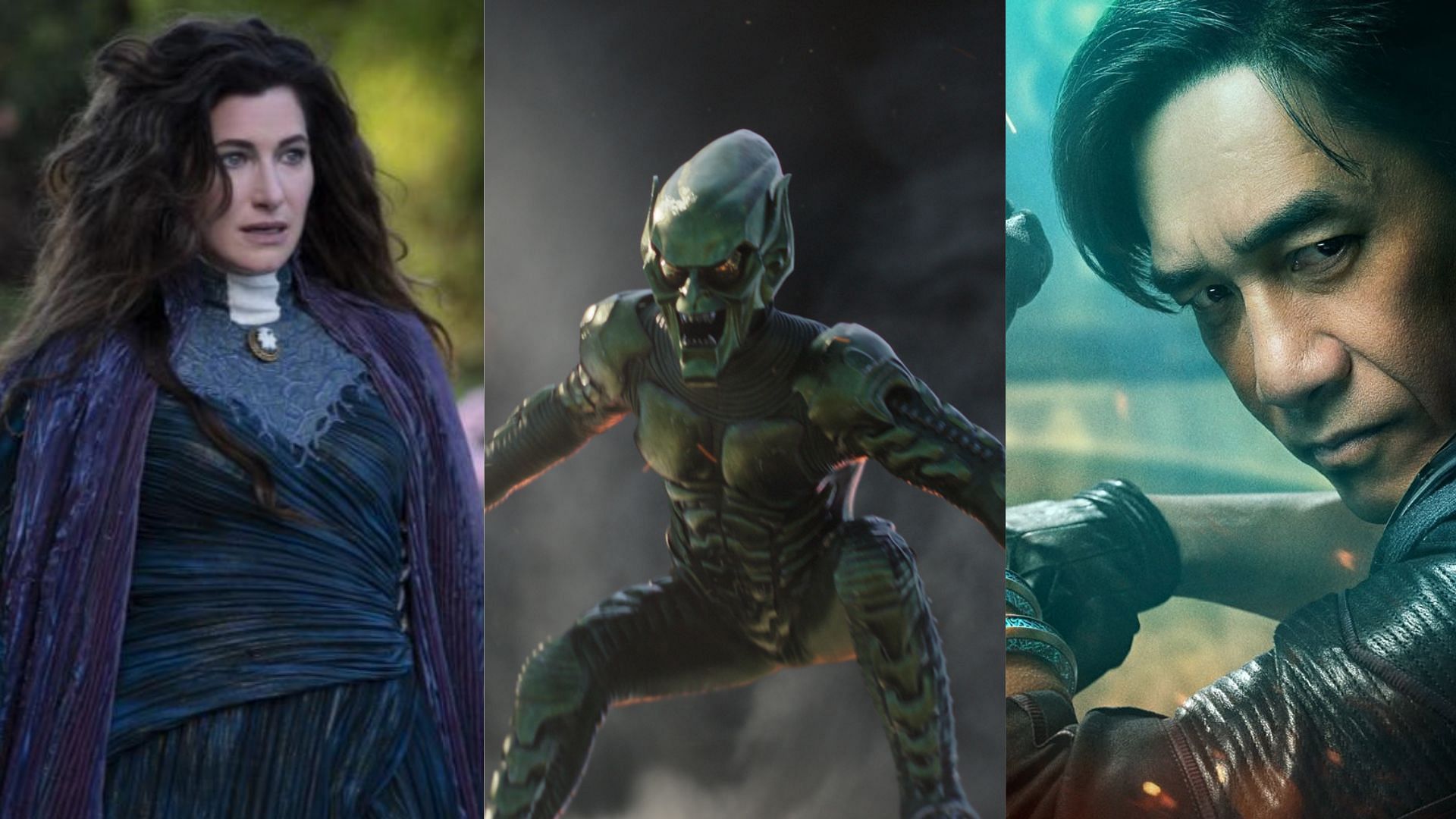 Phase 4 Villains: Agatha Harkness, Green Goblin and Xu Wenwu/Mandarin (Images via Marvel Studios/Sony Pictures)