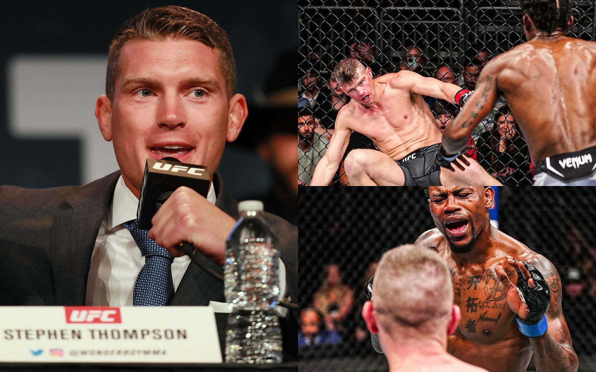 Stephen Thompson (Left); Thompson after getting wobbled in the orthodox stance (Top Right); Thompson fighting in the southpaw stance (Bottom Right) [Image courtesy: left image via Getty Images; top and bottom right images via @espnmma Instagram]