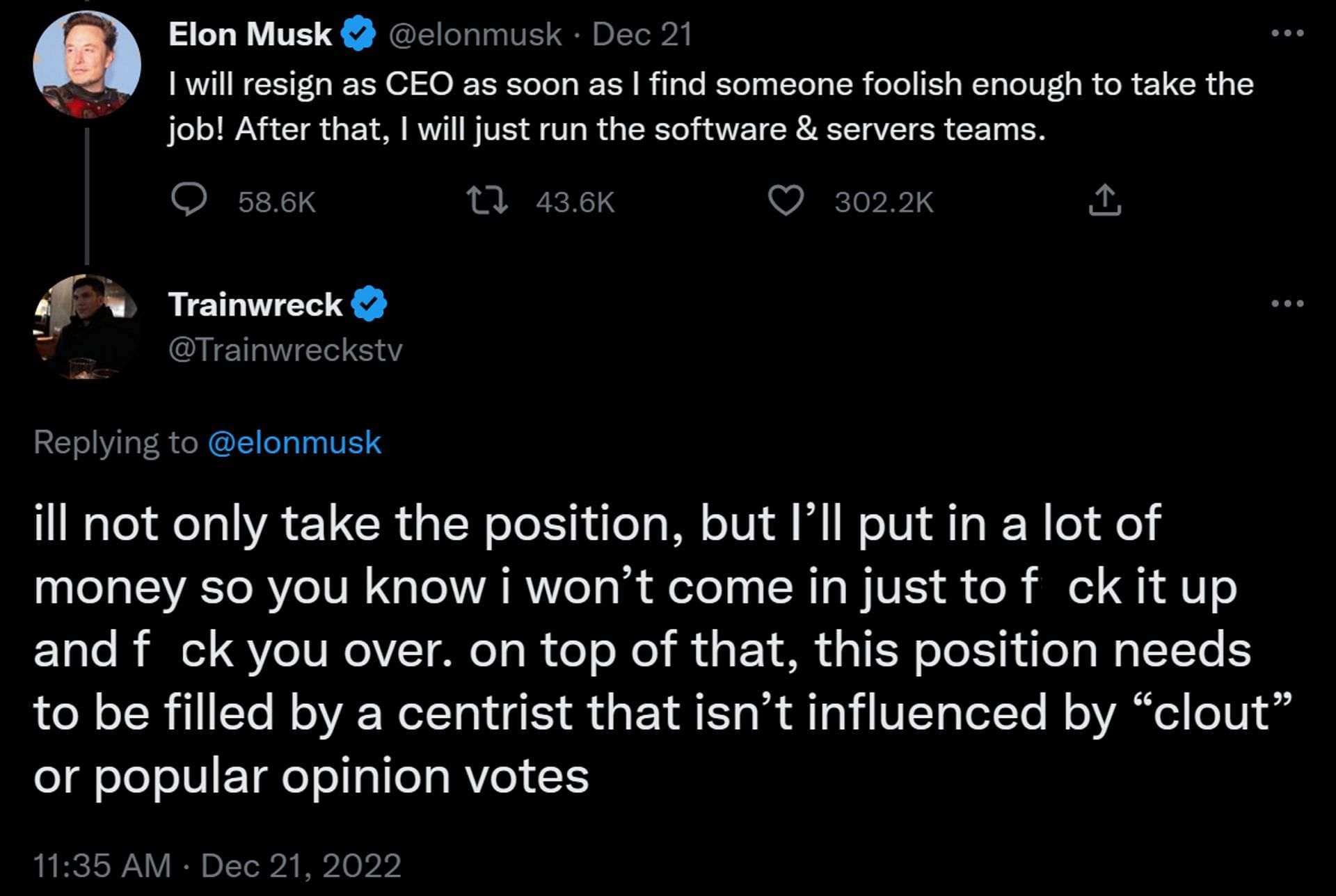 Trainwreckstv replying to Elon Musk (Image via Twitter)