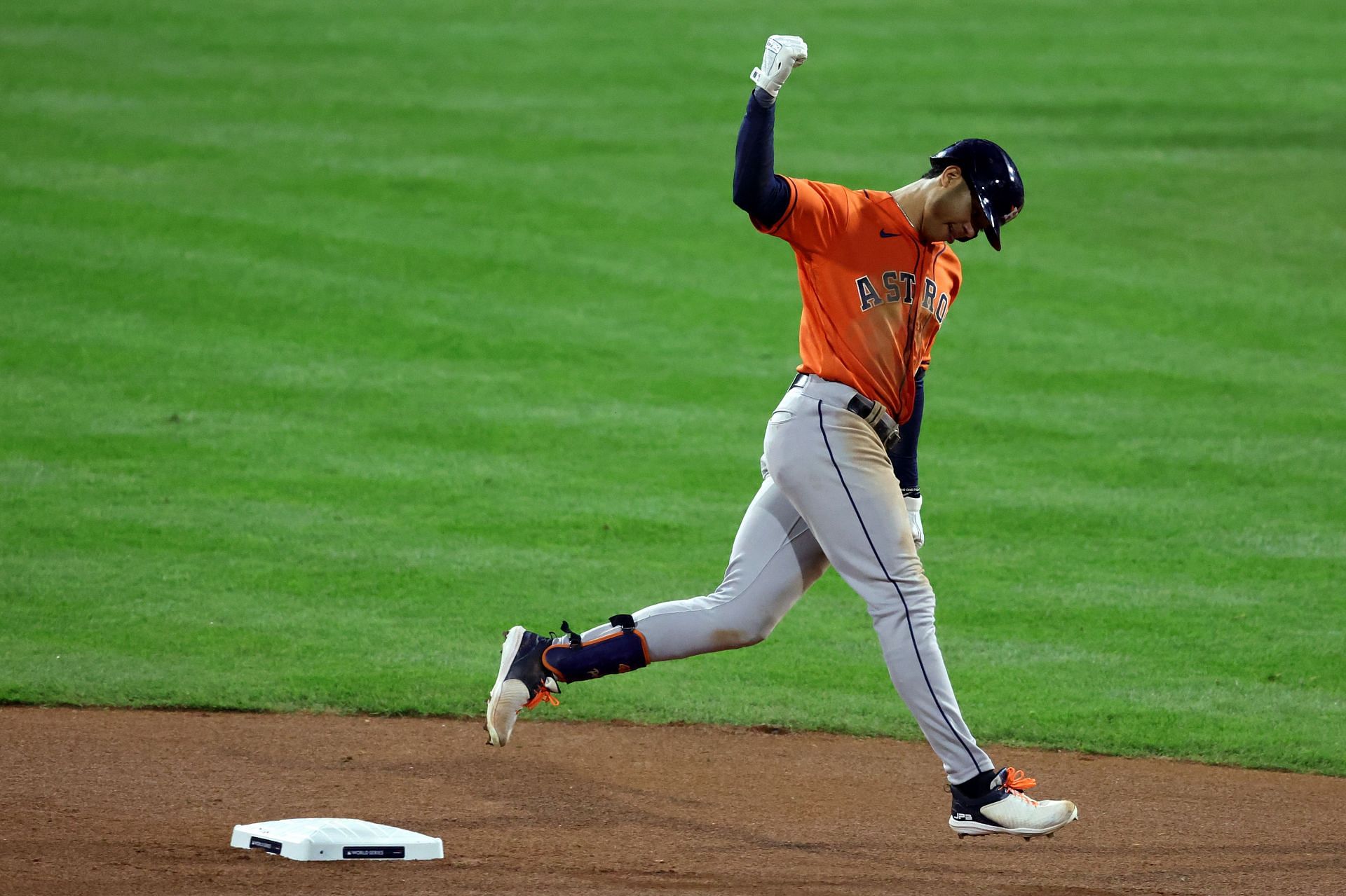 Jeremy Pena #3 of the Houston Astros rounds the bases after hitting a home run in the 2022 World Series