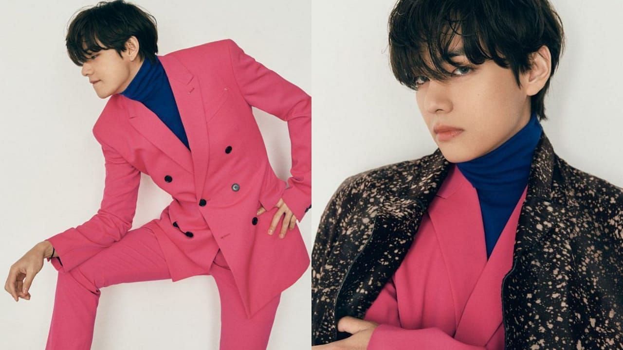 BTS&#039; V looking dashing in a bright pink suit as he poses for the BTS magazine photoshoot (Image via Twitter/@BTS_twt)