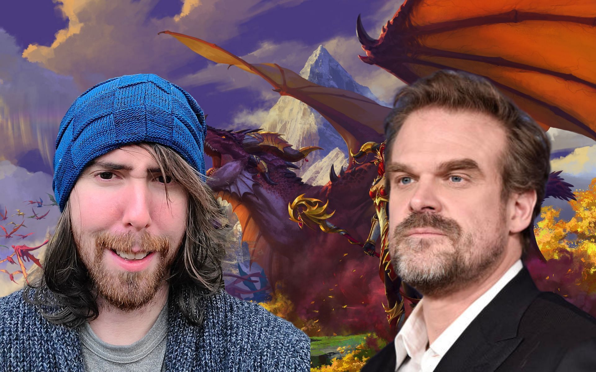 Asmongold reacts to David Harbour talking about his famous &quot;Transmog competition&quot; (Image via Sportskeeda)