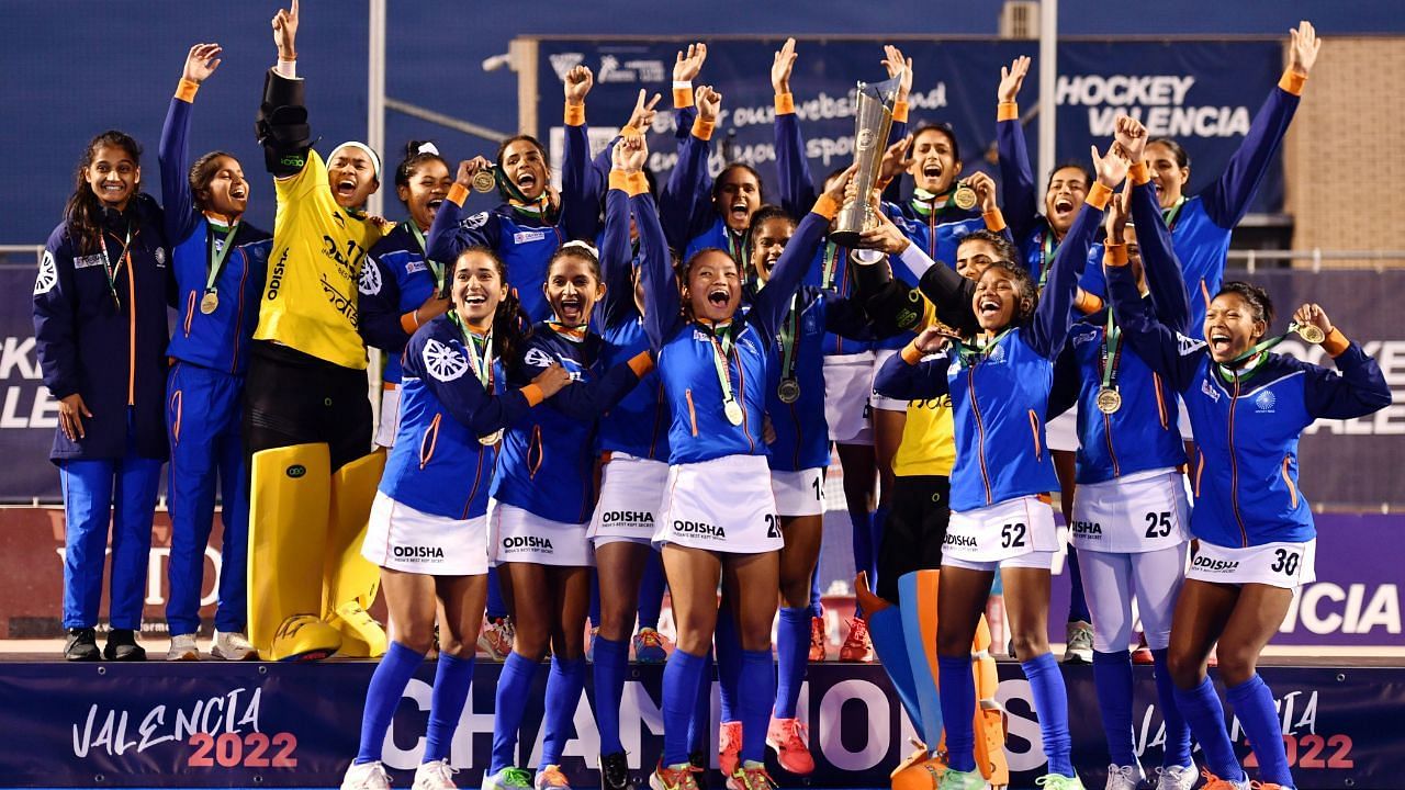 Indian Women celebrate after winning the FIH Nations Cup (Image - FIH)