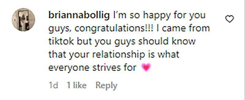 Image showing a comment congratulating the couple (image via Instagram /@briannabollig)