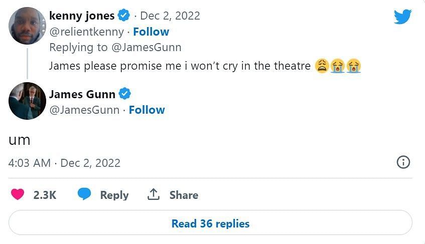 Fan replies to Gunn&#039;s Tweet (image via Twitter)