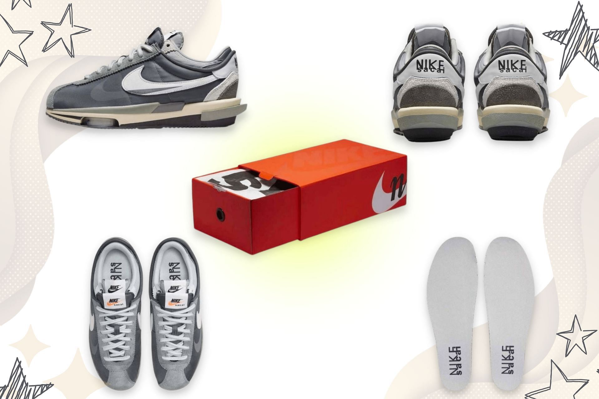 Here&#039;s a detailed look at the upcoming Sacai x Nike Cortez Zoom Iron Grey shoes (Image via Sportskeeda)
