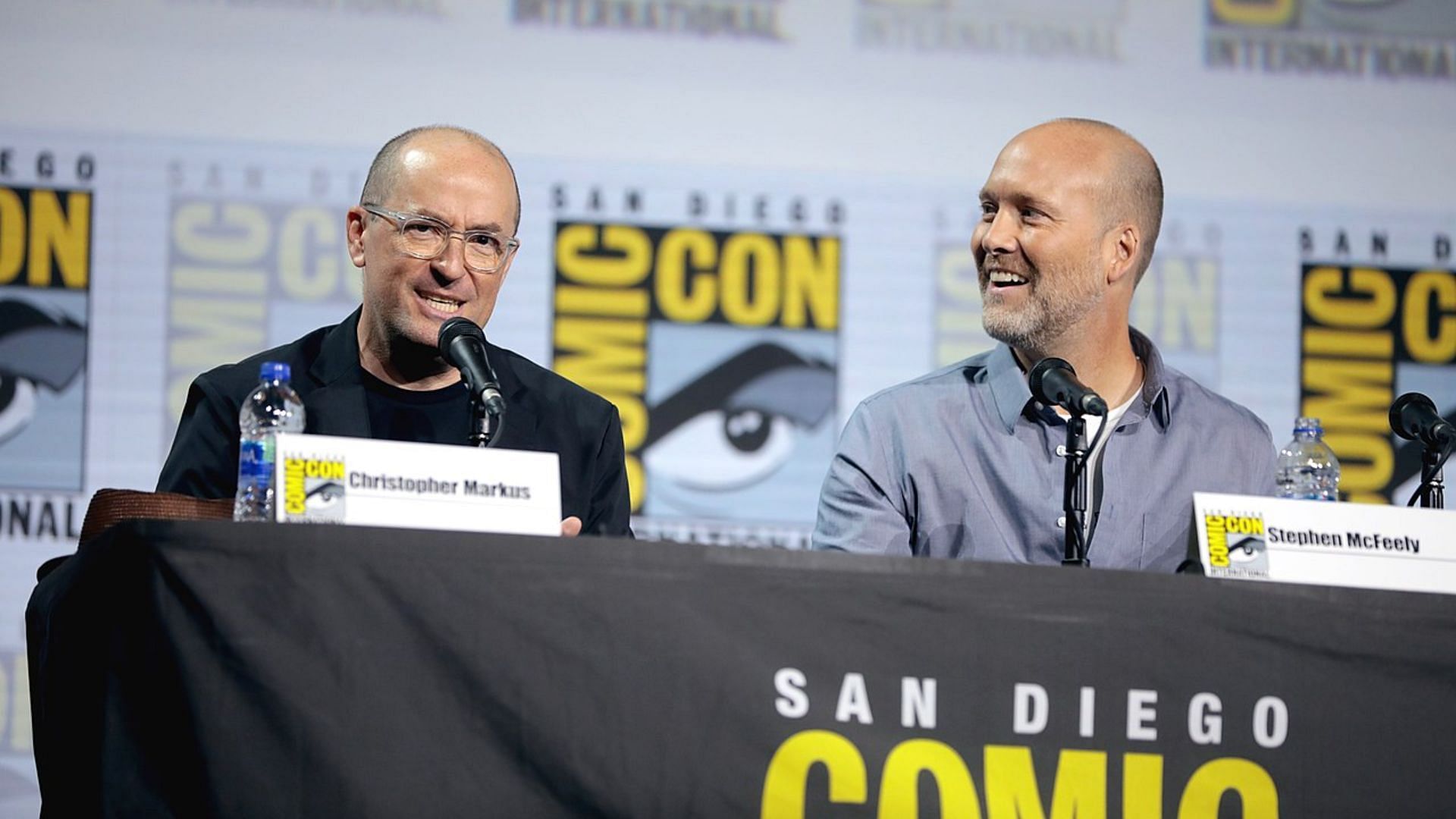 Christopher Markus and Stephen McFeely speaking at the 2019 San Diego Comic Con International, for Writing Avengers Endgame (Image via Wikipedia)