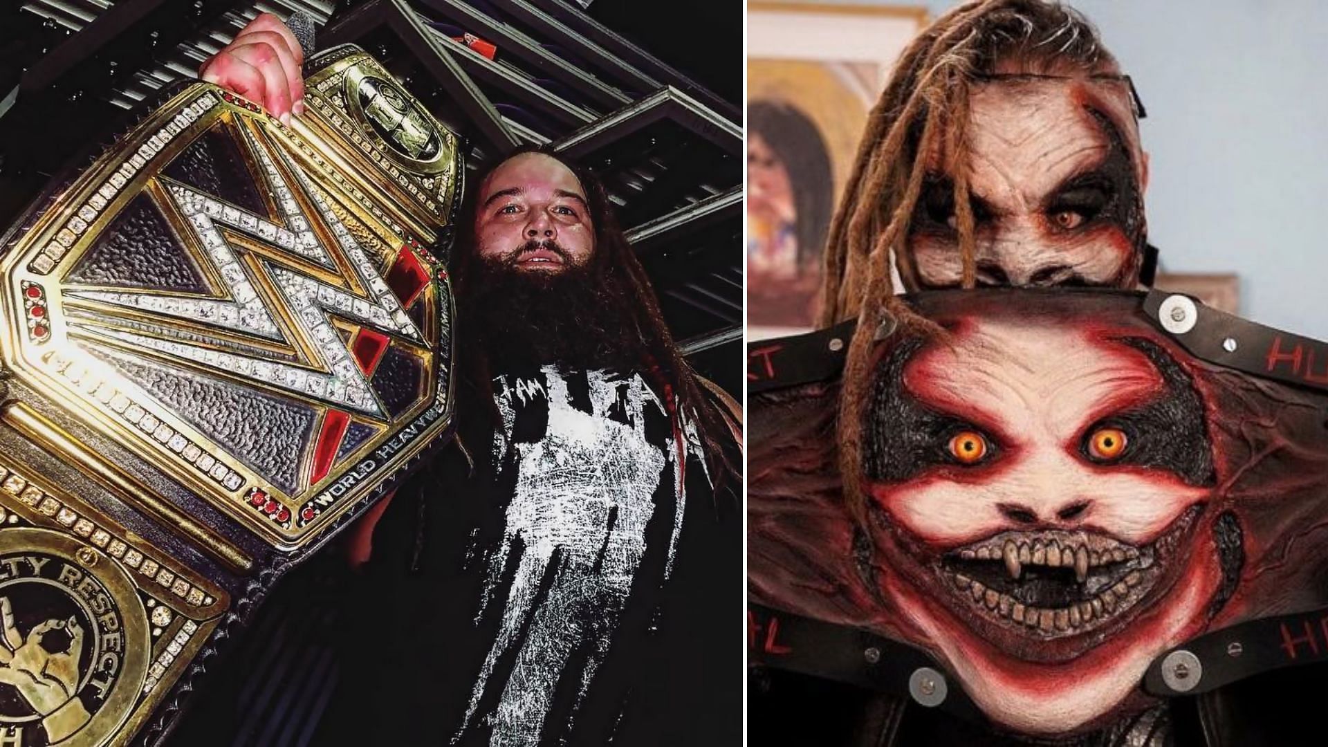 Bray Wyatt after first WWE Championship W (left); with custom-made Universal Championship (right)