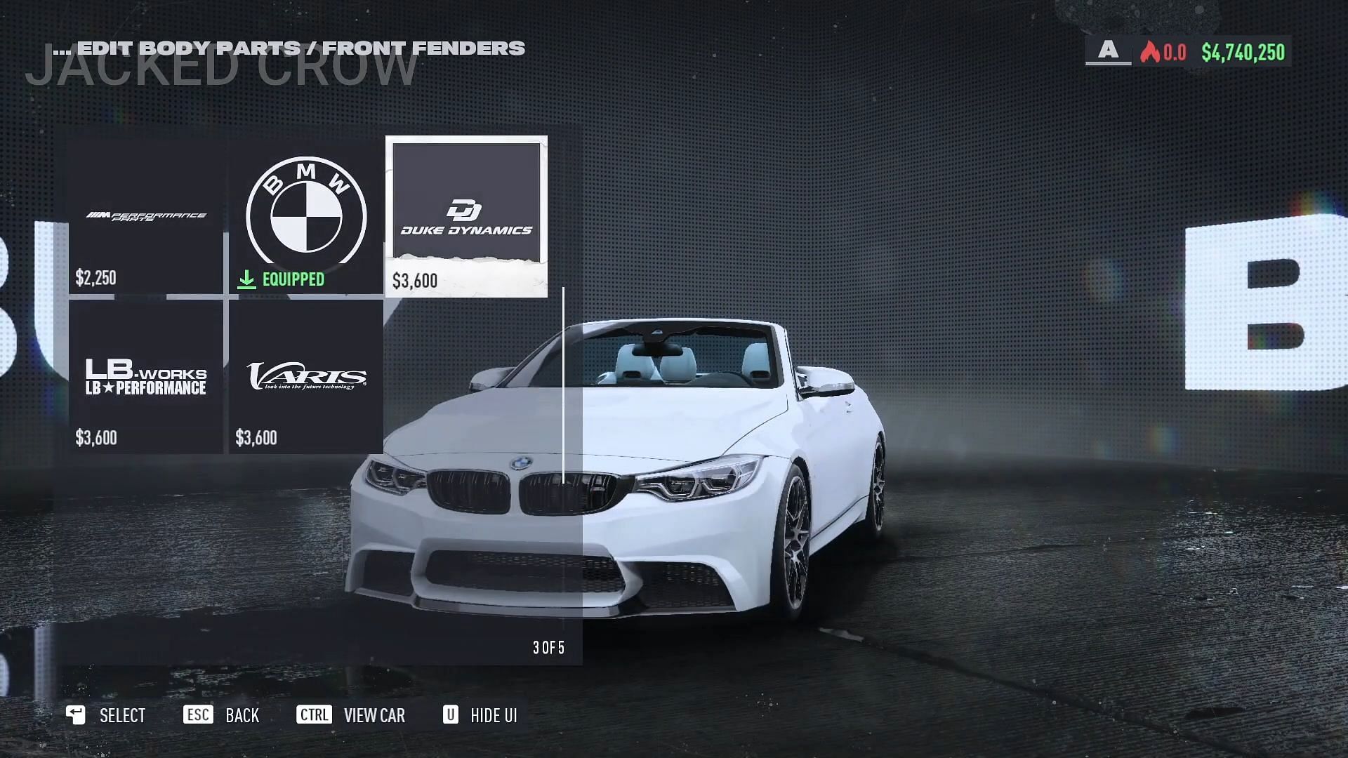 The BMW M4 Convertible (20170, inside the in-game customization menu (Image via YouTube/Jacked Crow)