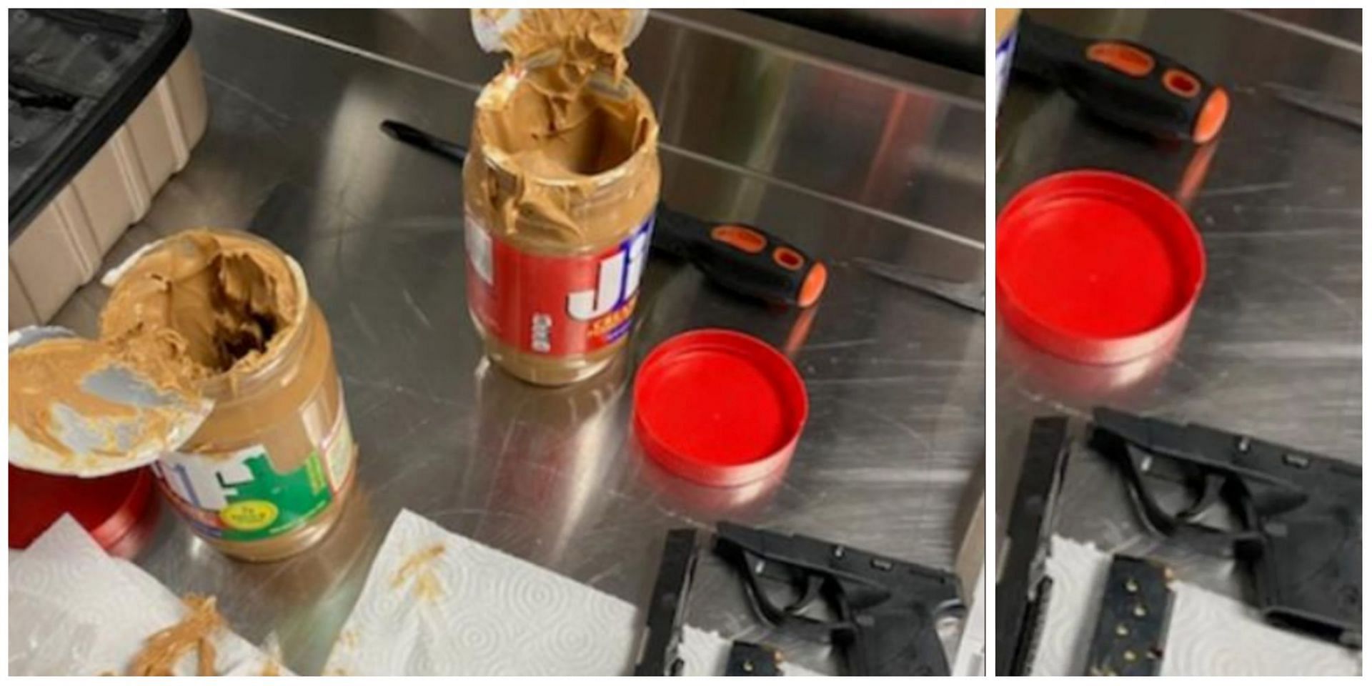 Man arrested from JFK Airport after police found parts of a gun in 2 peanut butter jars in his luggage. (Image via Lisa Farbstein/Twitter)