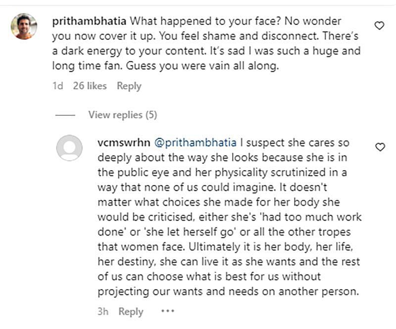 Comments showing a debate between two users (Image via Instagram/ @prithambhatia, @vcmswrhn))