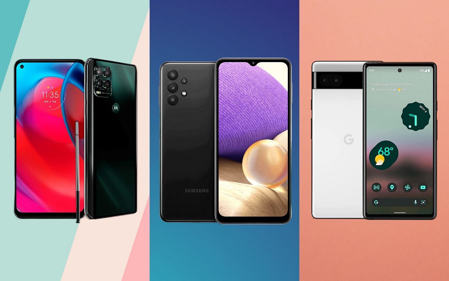 Some of the best budget Android Phones in 2022 (Images via Moto, Samsung, Google)