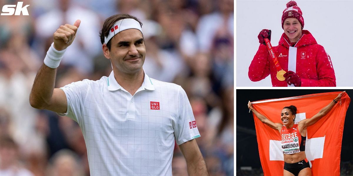 Roger Federer congratulates Marco Odermatt and Mujinga Kambundji on winning at the Swiss Sports Awards.