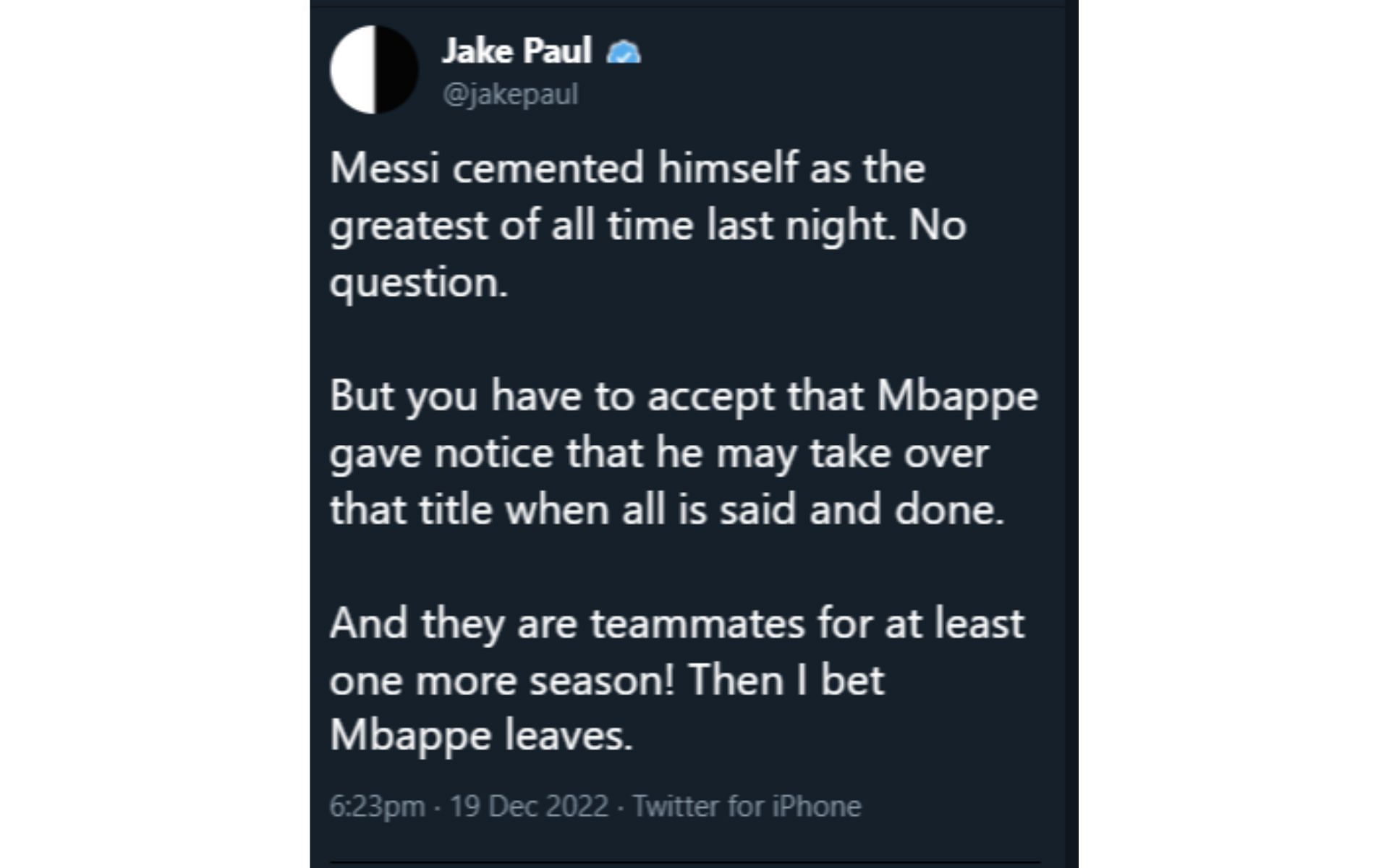 Jake Paul&#039;s deleted tweet