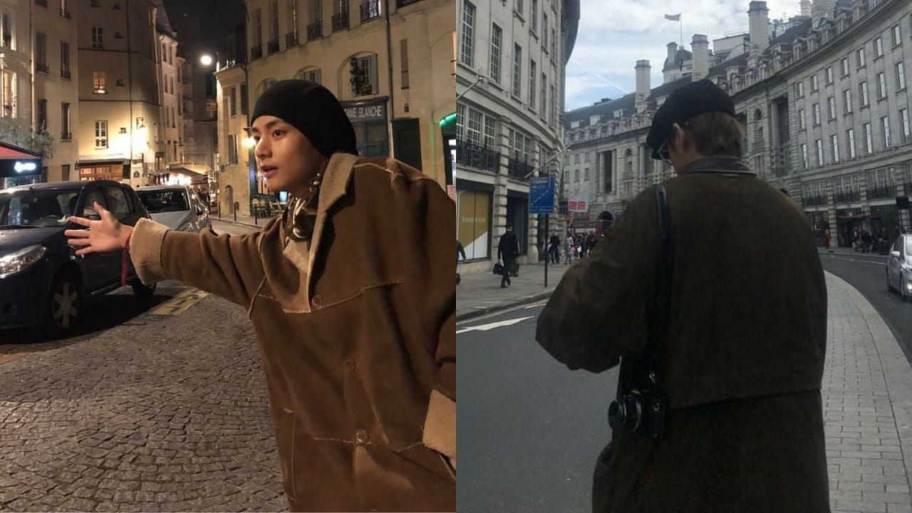 V perfectly matches the French aesthetic as he takes a stroll down the streets of Paris (Image via Twitter/@BTS_twt)