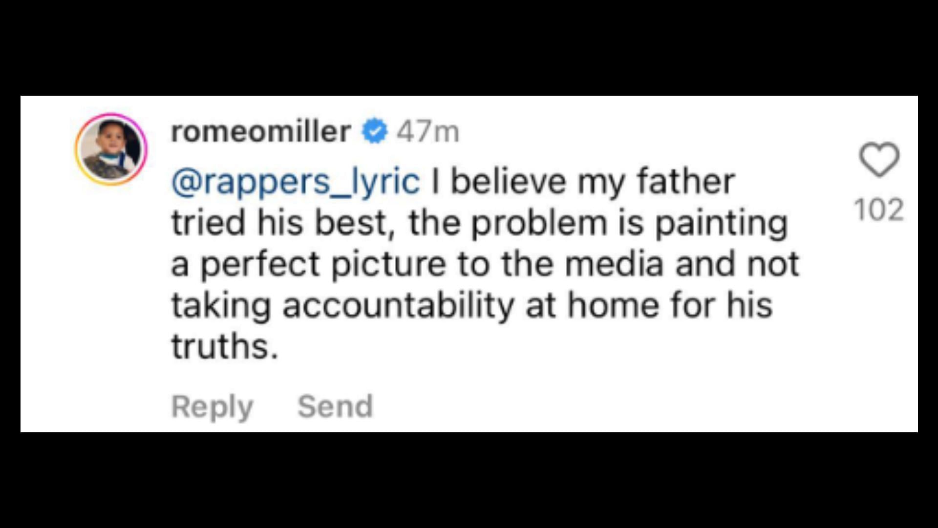 Screenshot of a now-deleted comment of Romeo Miller on Master P&#039;s parental neglect.