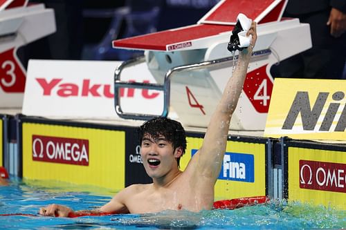 Hwang Sunwoo of Korea celebrates winning the Men's 200m Freestyle final of the FINA World Swimming Championships (25m) at Abu Dhabi.