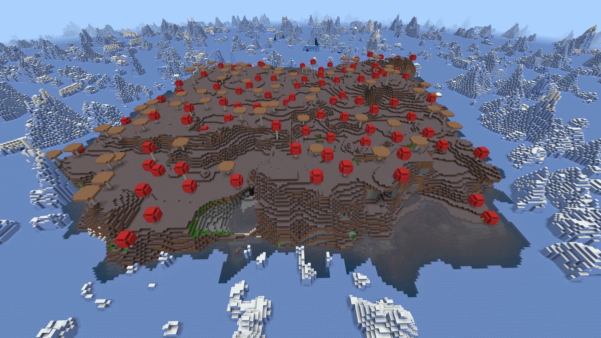It isn&#039;t too common for players to find a mushroom island in a frozen ocean (Image via Mojang)