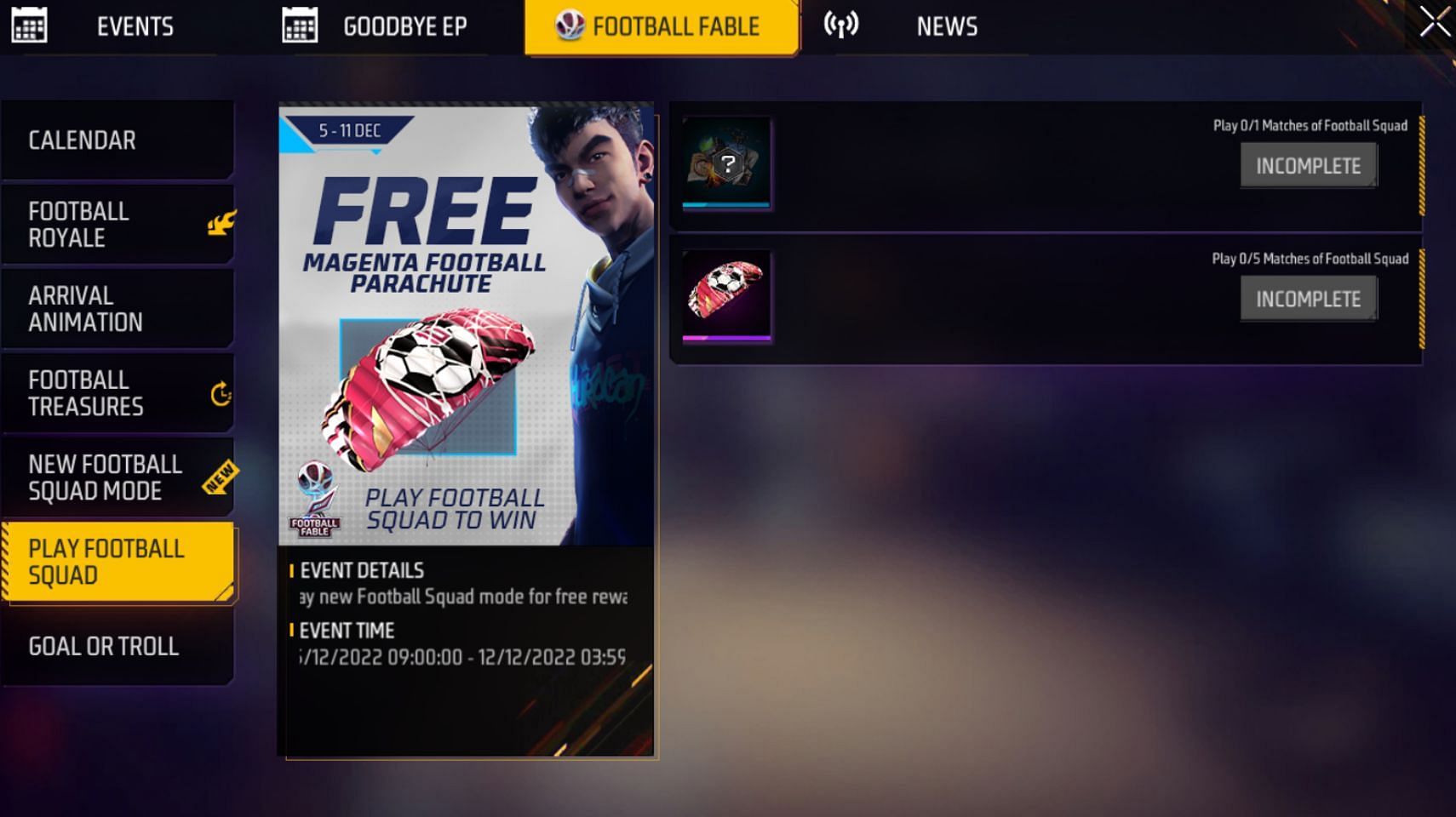 How to claim all the rewards from Football Fable&#039;s &quot;Play Football Squad&quot; event in Free Fire MAX? (Image via Garena)