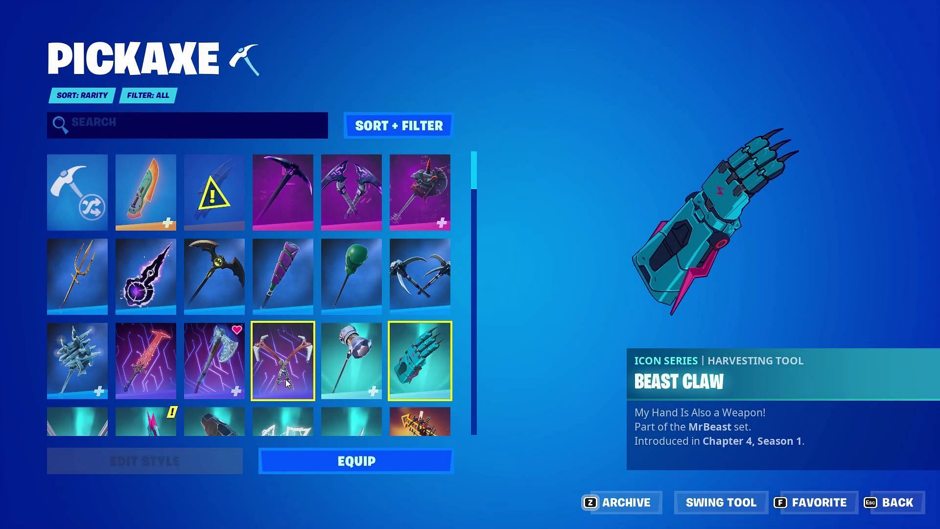 Change your pickaxe from the currently equipped Beast Claws (Image via YouTube/GKI)