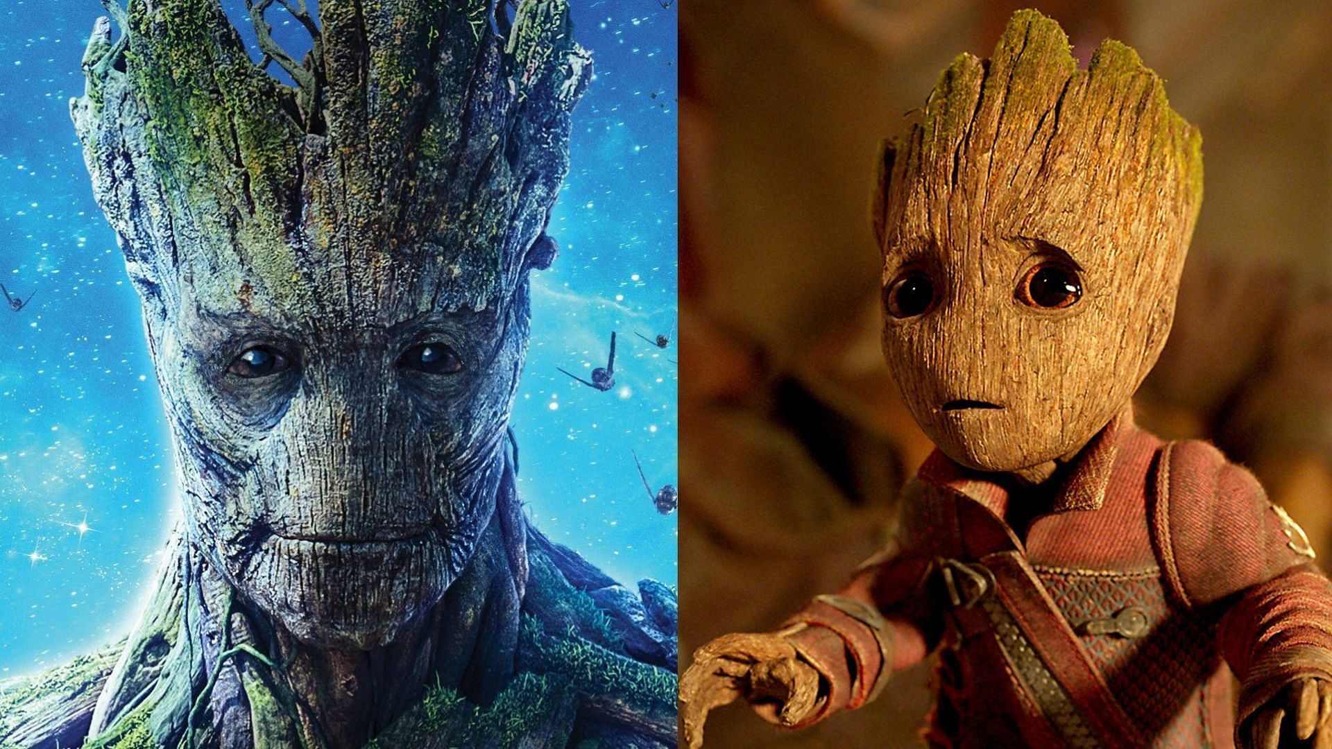 Left: Groot in Guardians of the Galaxy, Right: Baby Groot in Guardians of the Galaxy Vol. 2 (images via Marvel Studios)