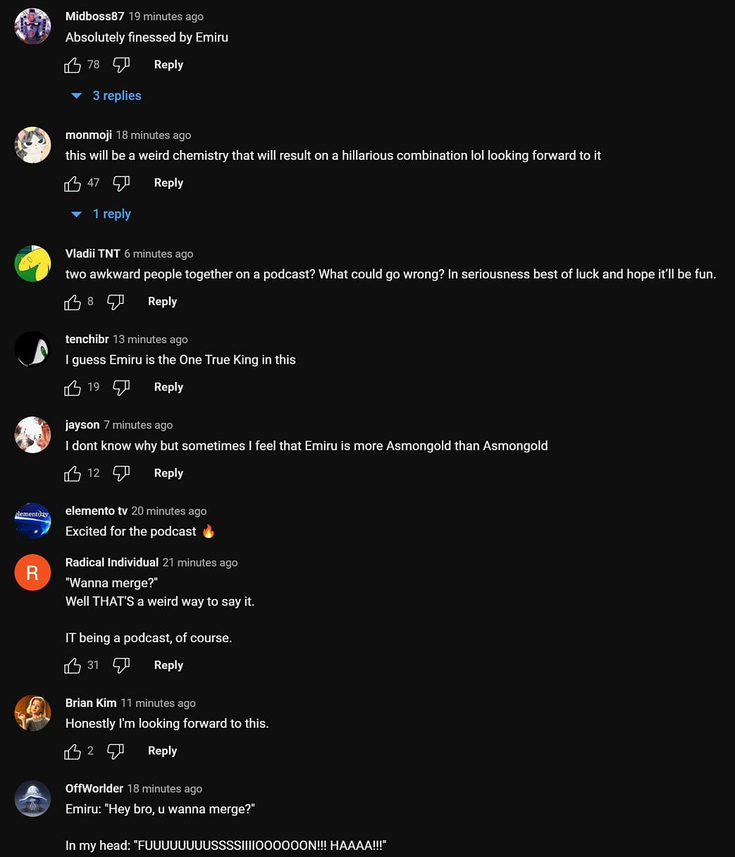 Fans in the YouTube comments section sharing their thoughts on the streamers' potential new podcast (Image via Asmongold Clips/YouTube)