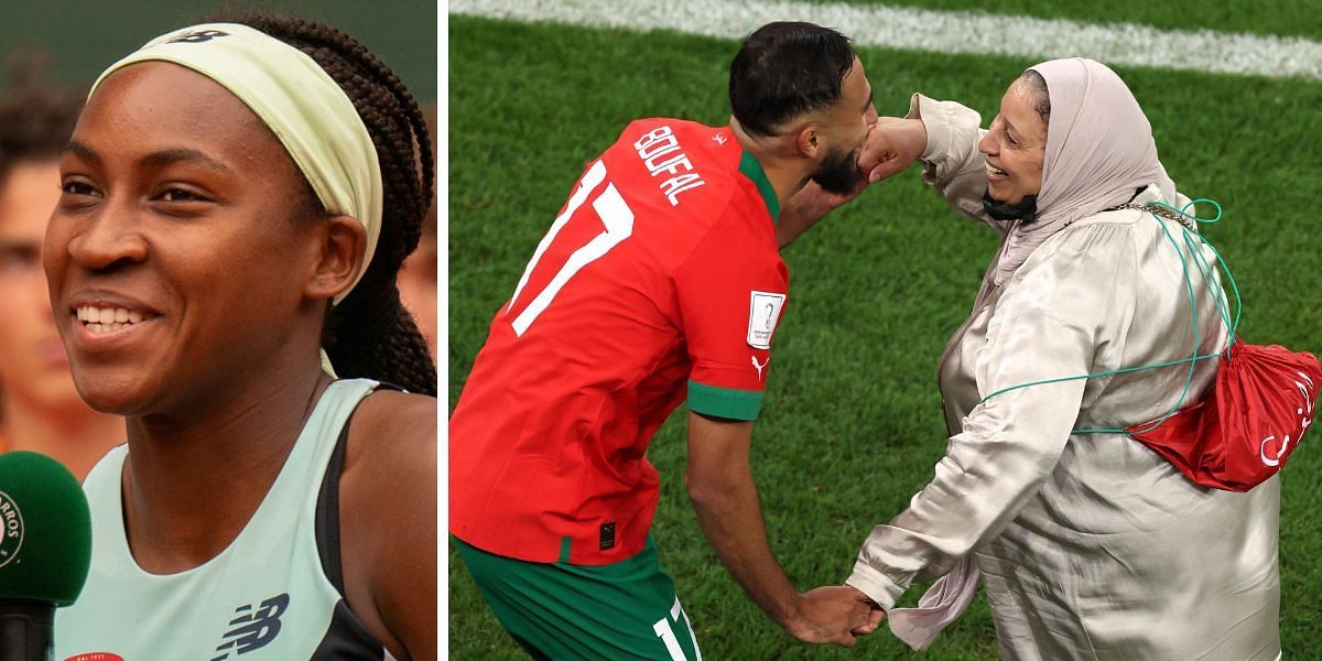 Coco Gauff (L); Sofiane Boufal celebrates with his mother after Morocco
