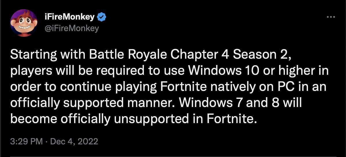Fortnite will no longer run on Windows 7 and 8 (Image via iFireMonkey/Twitter)