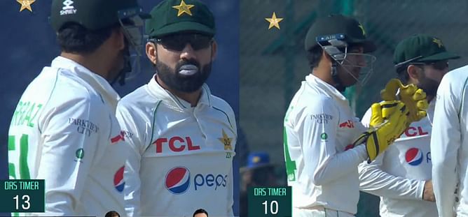 [WATCH] Sarfaraz Ahmed and Mohammad Rizwan take a combined review as Babar Azam doesn’t take field on Day 3 of Karachi Test