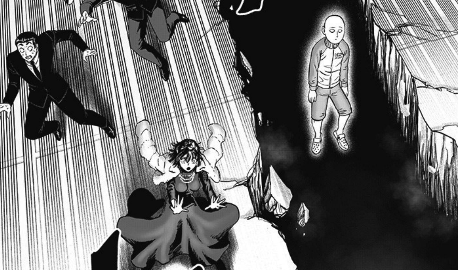 Saitama falling into the level below in OPM chapter 176 (Image via Shueisha)