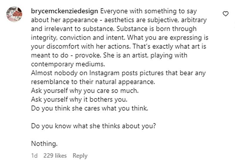 A comment speaking for the singer (Image via Instagram/ @brycemckenziedesign)