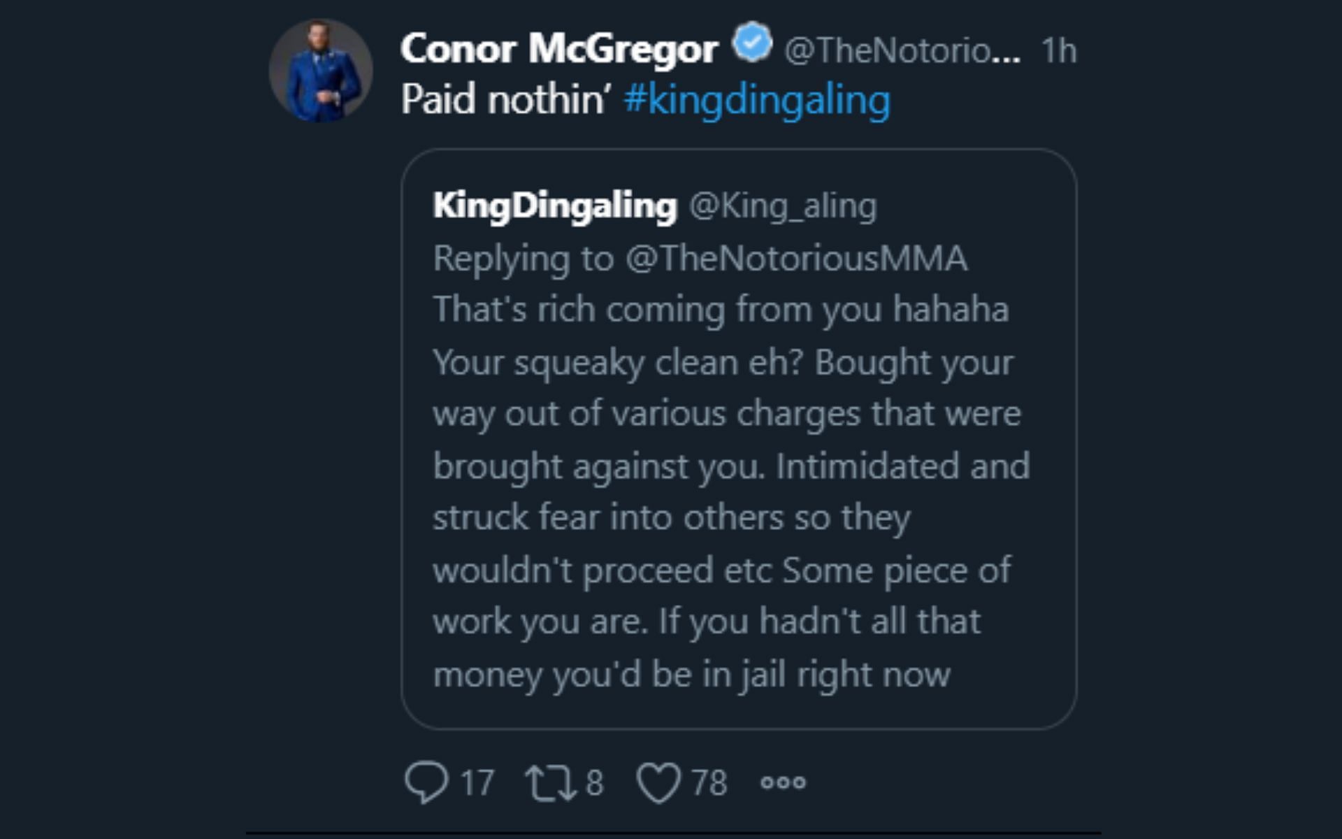 Conor McGregor's reply to @King_aling [Image courtesy: @TheNotoriousMMA Twitter]