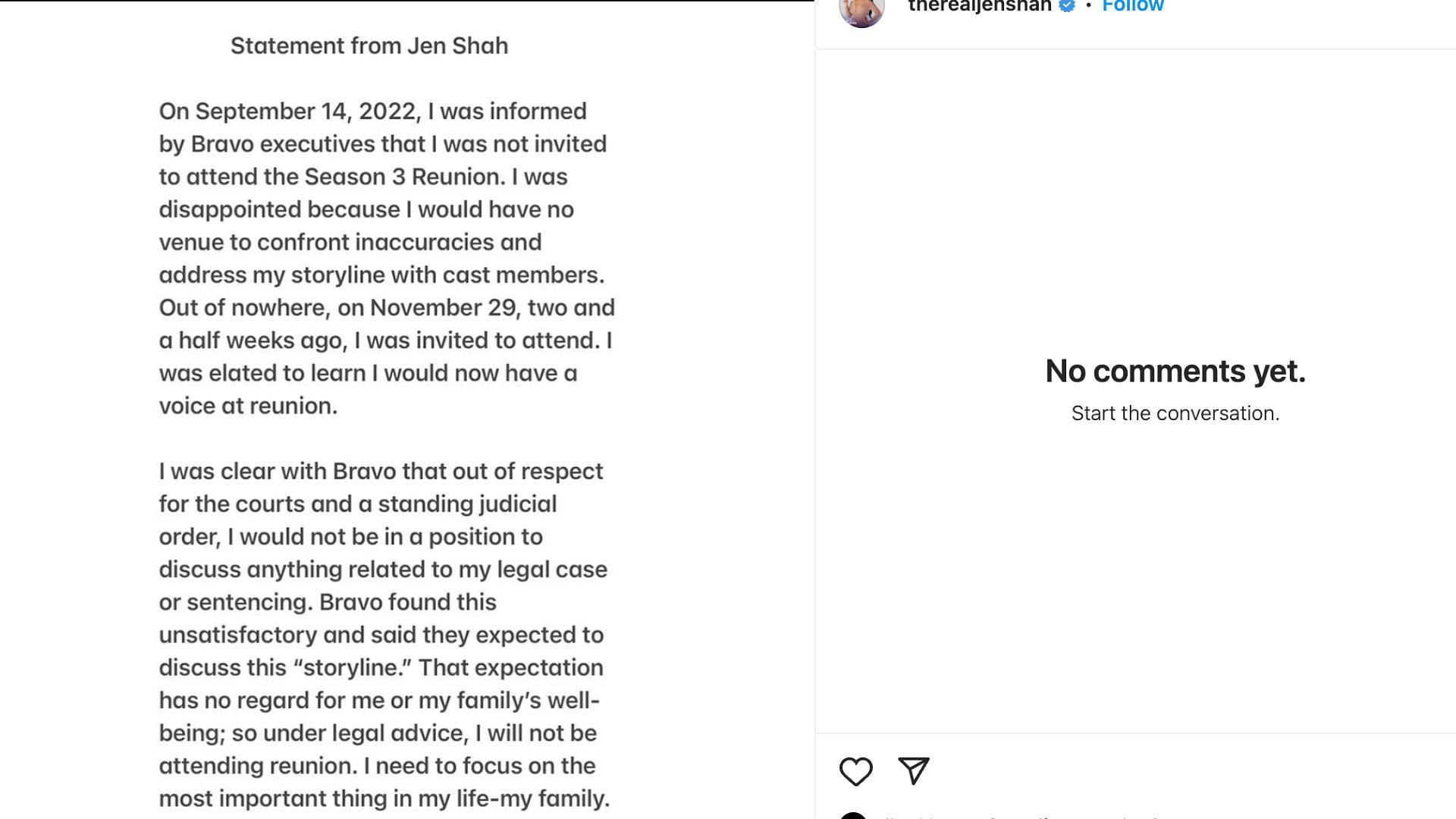 Jen Shah&#039;s statement on Instagram (Image via therealjenshah/Instagram)