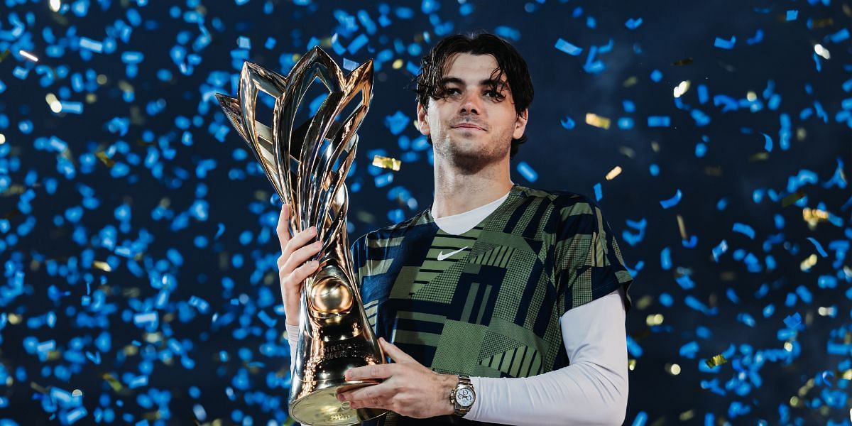 Taylor Fritz celebrates during the Diriyah Tennis Cup 2022 final against Daniil Medvedev.