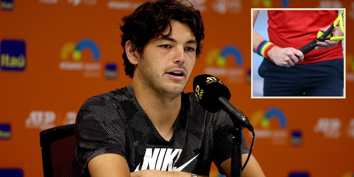 Taylor Fritz (left), Fritz wearing lgbtq+ colors on his wrist (insert)