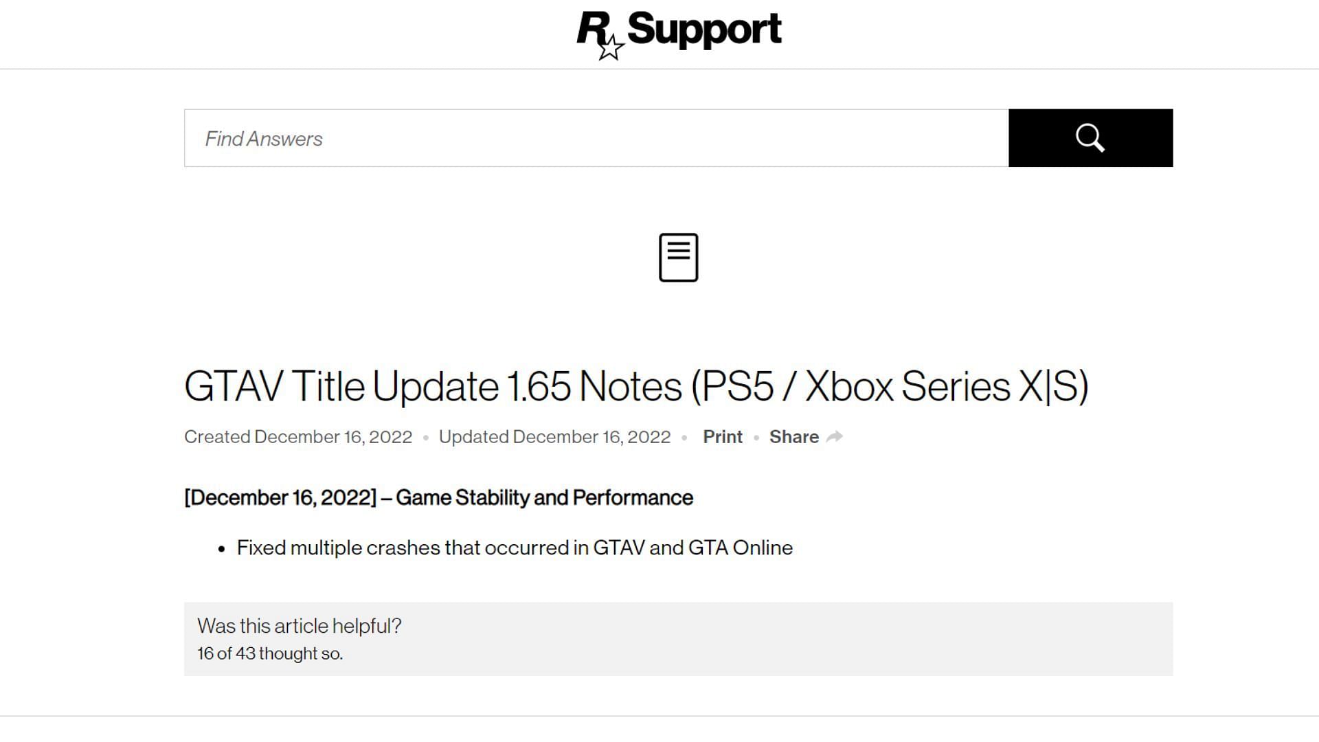 A new update 1.65 patch notes for GTA 5 (Image via Rockstar Support)