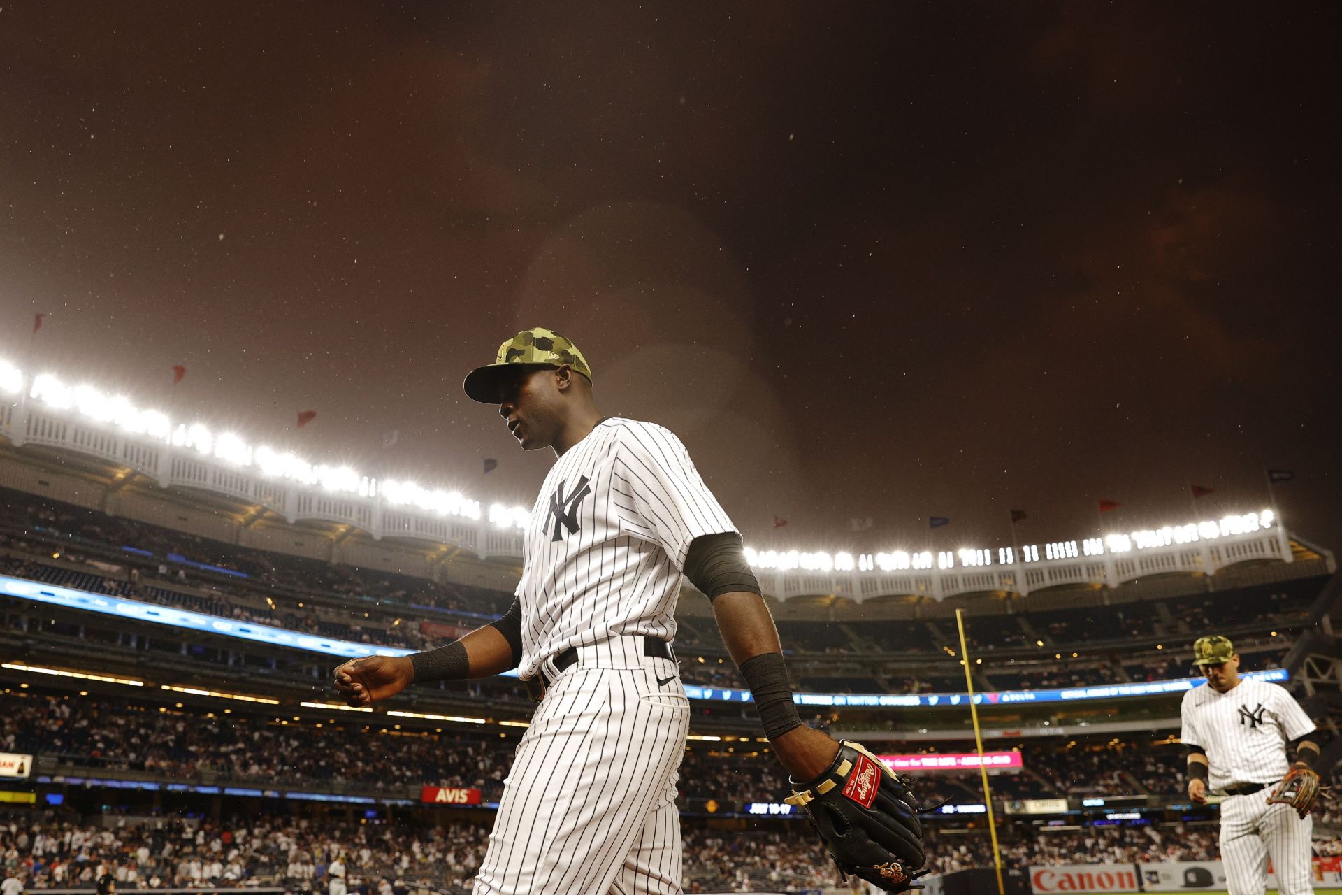 Estevan Florial #90 of the New York Yankees heads to the dugout.