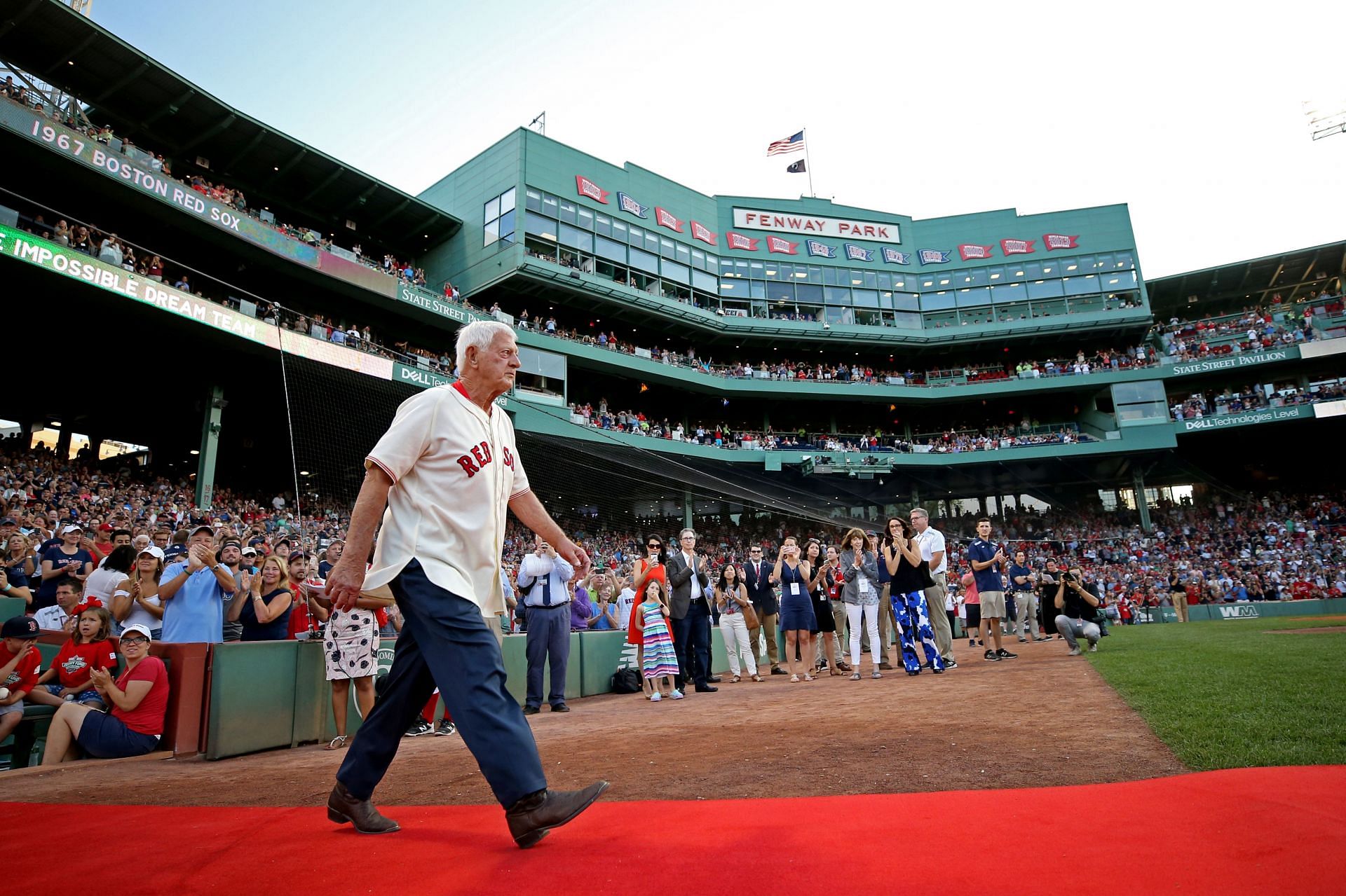 Carl Yastrzemski is recognized during a celebration to honor the American League Champion 1967 Red Sox team